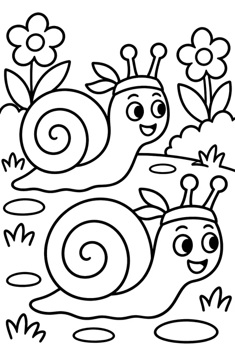 Two snails racing on a garden path coloring page