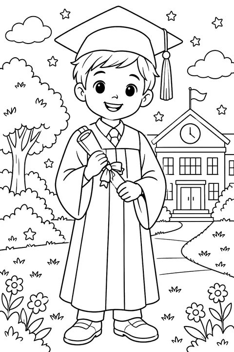 A kid in a cap and gown holding a diploma coloring page