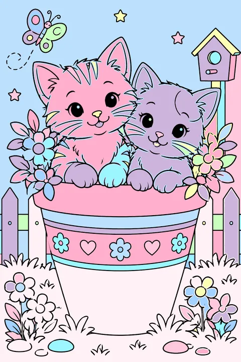 Two kittens sitting in a big flower pot coloring page