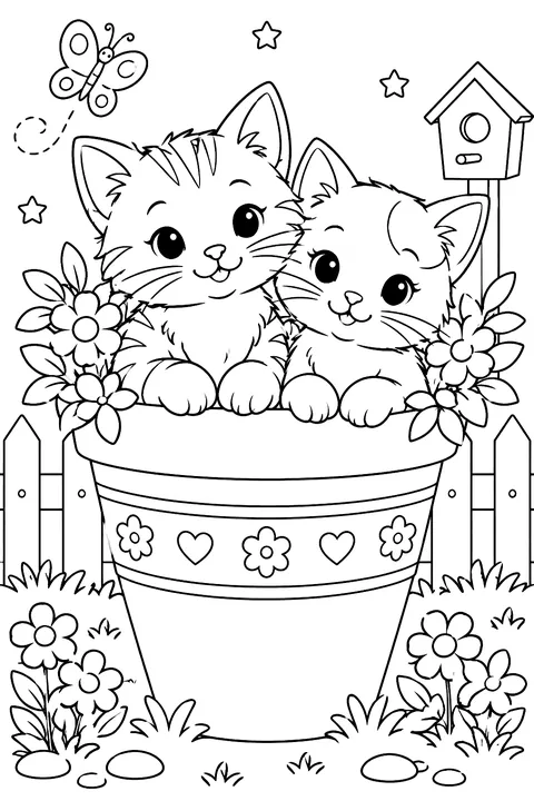 Two kittens sitting in a big flower pot coloring page