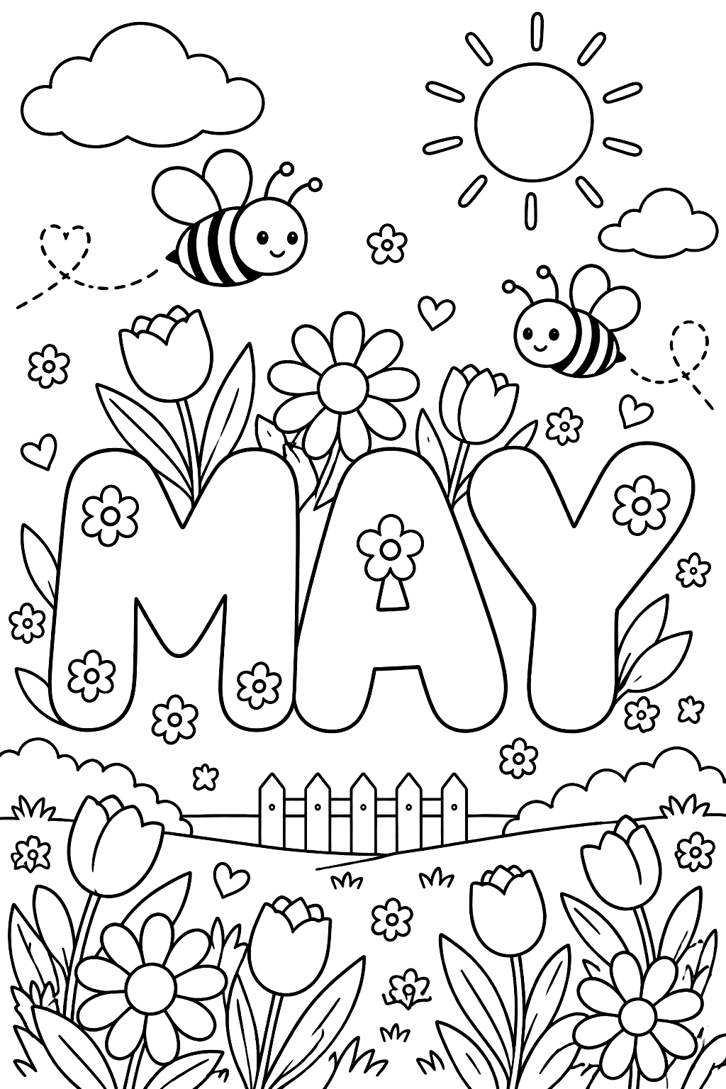 The word MAY in big bubble outline letters with flowers and bees coloring page