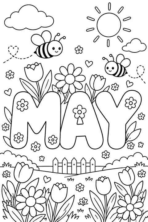 The word MAY in big bubble outline letters with flowers and bees coloring page