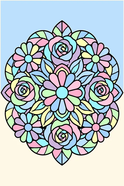 A round mandala of roses, daisies and leaves with bold closed shapes coloring page