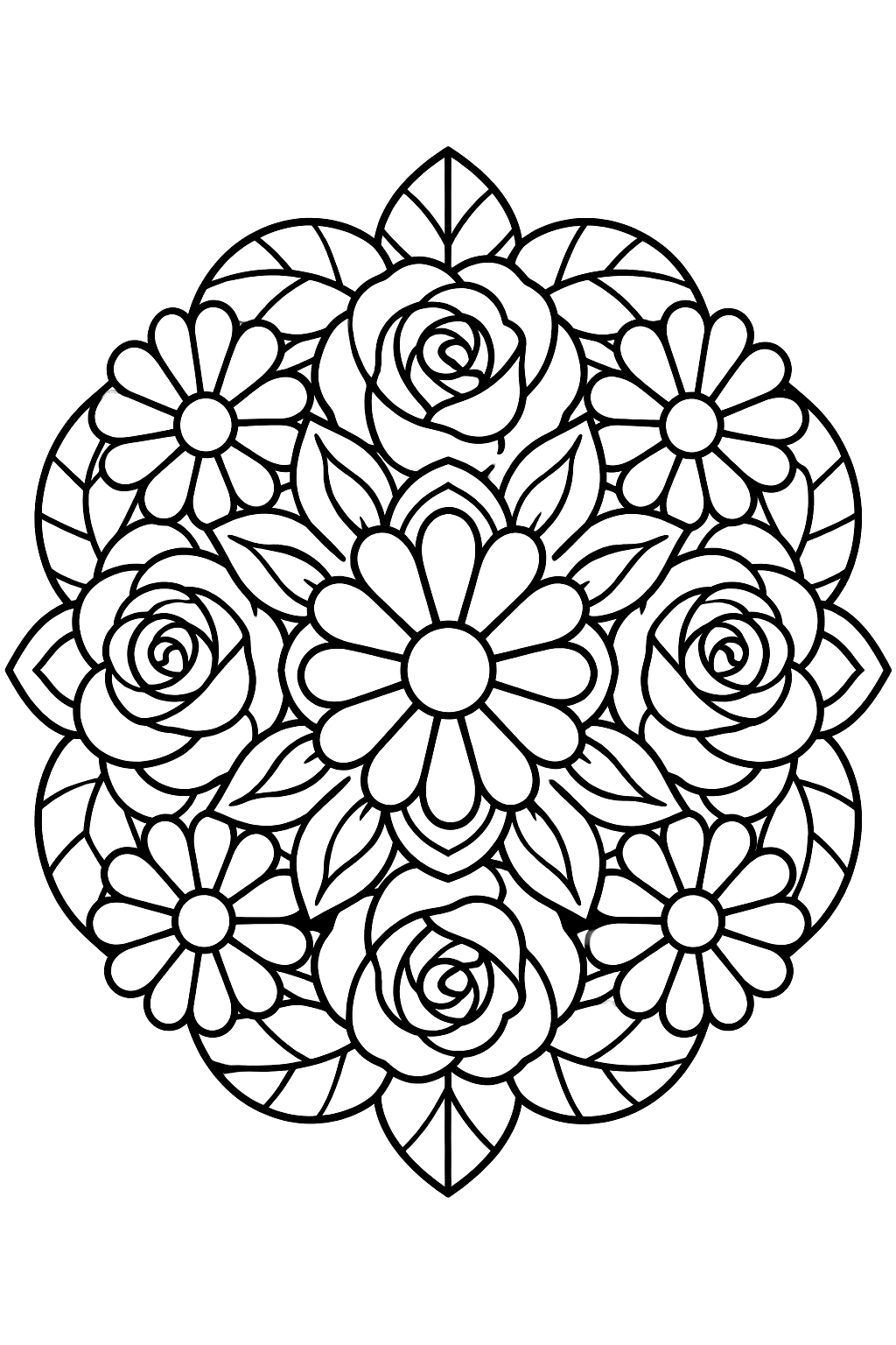 A round mandala of roses, daisies and leaves with bold closed shapes coloring page