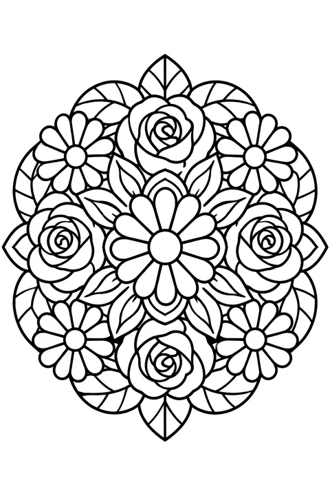 A round mandala of roses, daisies and leaves with bold closed shapes coloring page