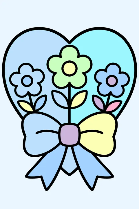 A heart card with flowers and a bow coloring page