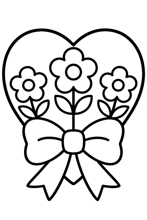 A heart card with flowers and a bow coloring page