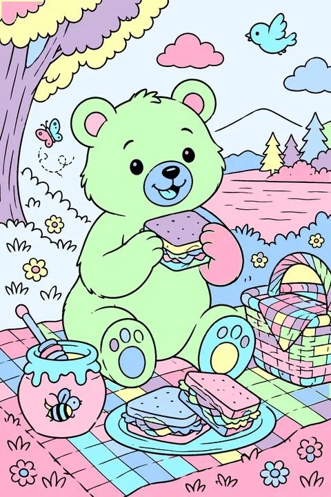 A bear having a picnic with honey and sandwiches coloring page