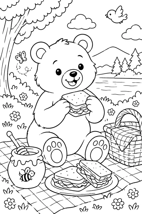 A bear having a picnic with honey and sandwiches coloring page