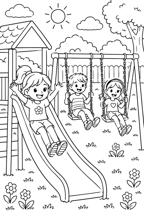 Kids playing on a playground slide and swings coloring page