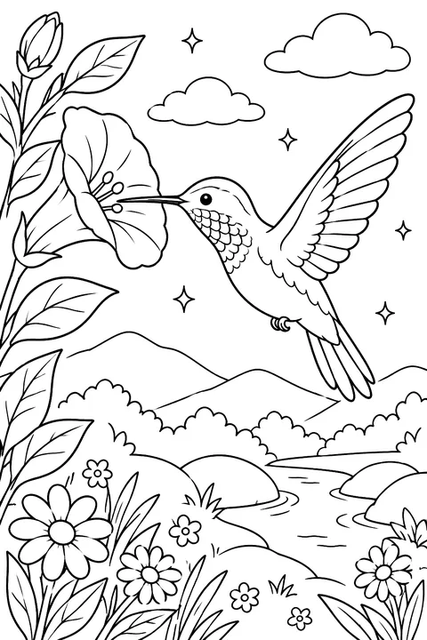 A hummingbird drinking from a flower coloring page