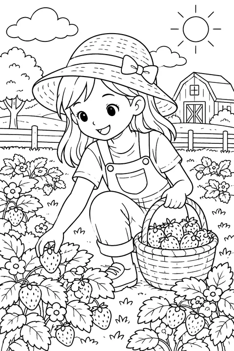 A child picking strawberries in a field coloring page