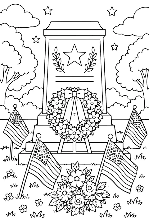 Small American flags in front of a memorial with flowers coloring page