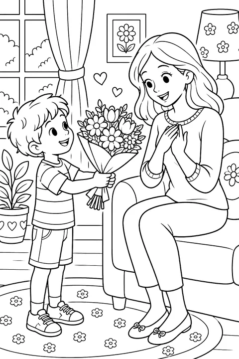 A child giving a bouquet of flowers to mom coloring page