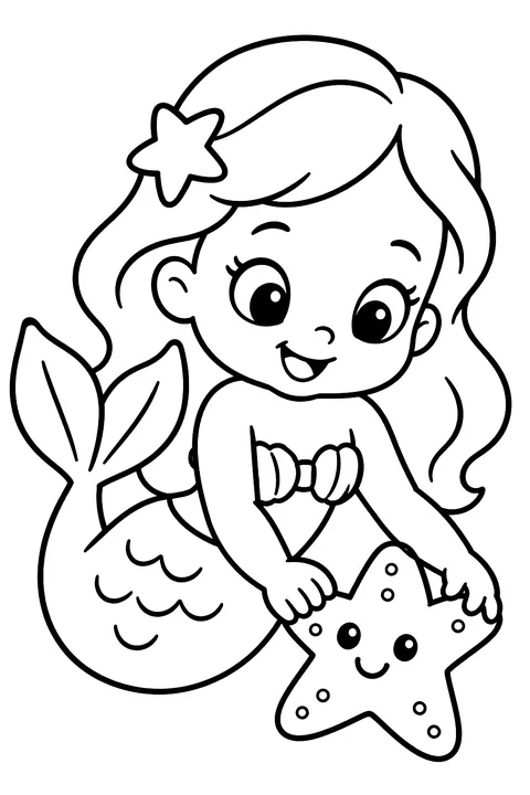Baby mermaid playing with a starfish coloring page