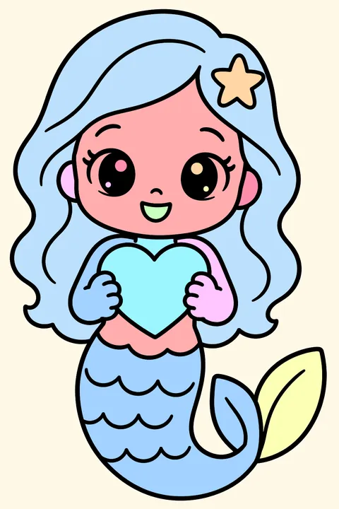 Kawaii mermaid with big eyes holding a heart coloring page