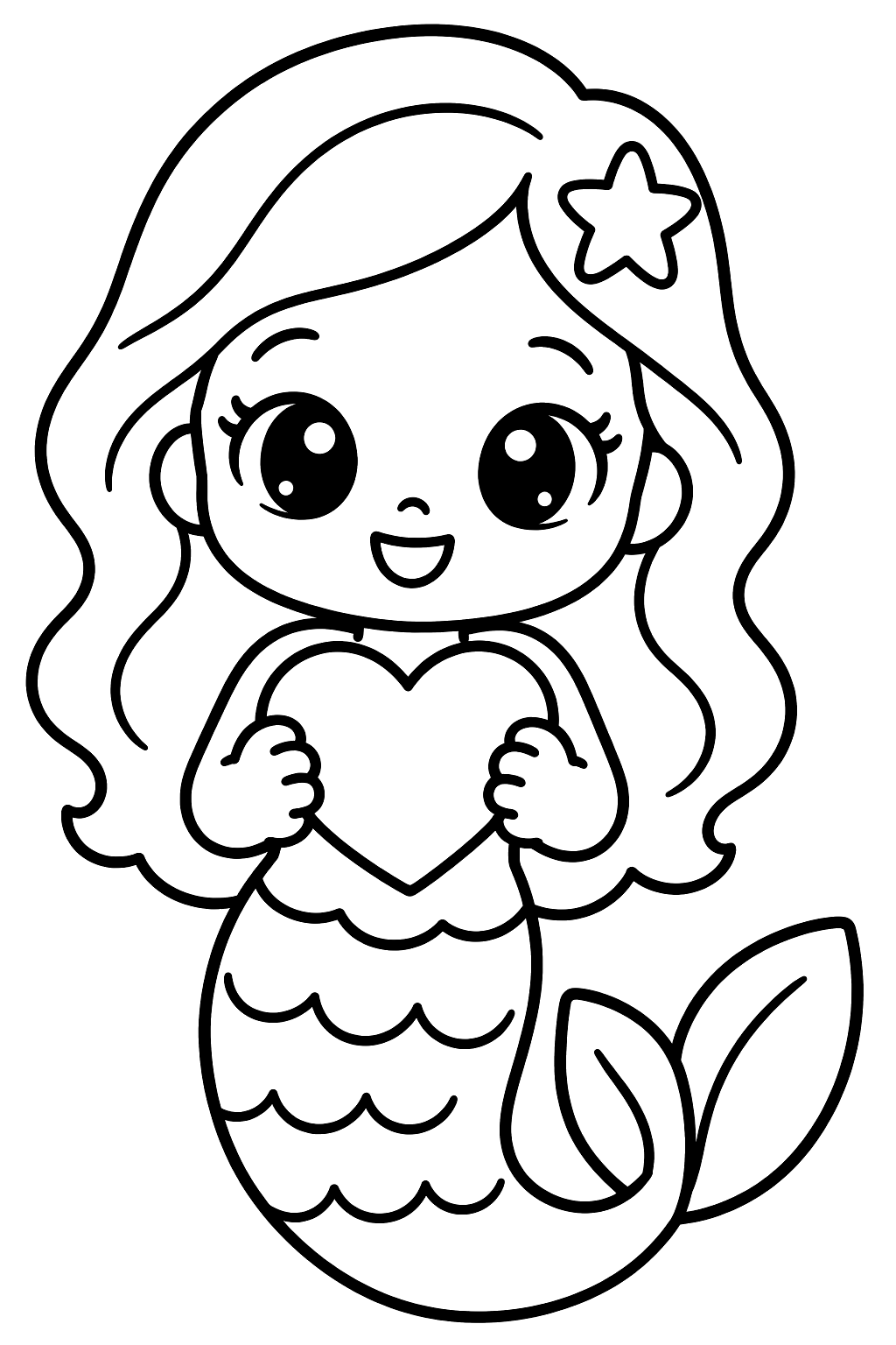 Kawaii mermaid with big eyes holding a heart coloring page