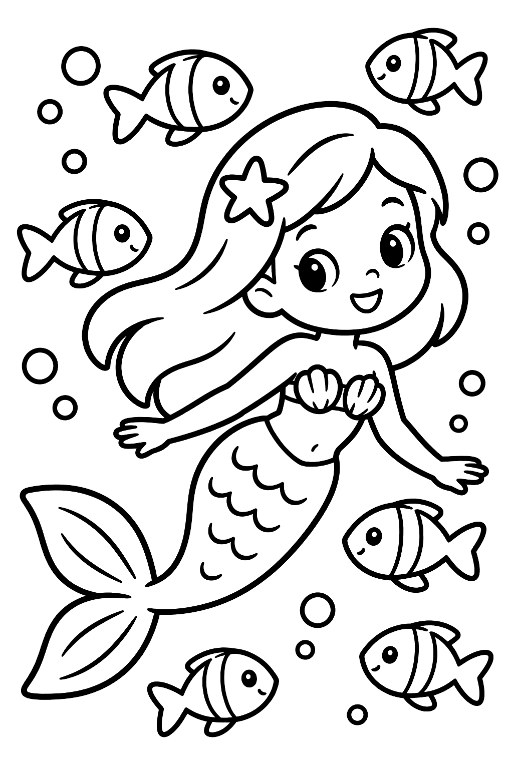 Little mermaid swimming with a school of fish coloring page