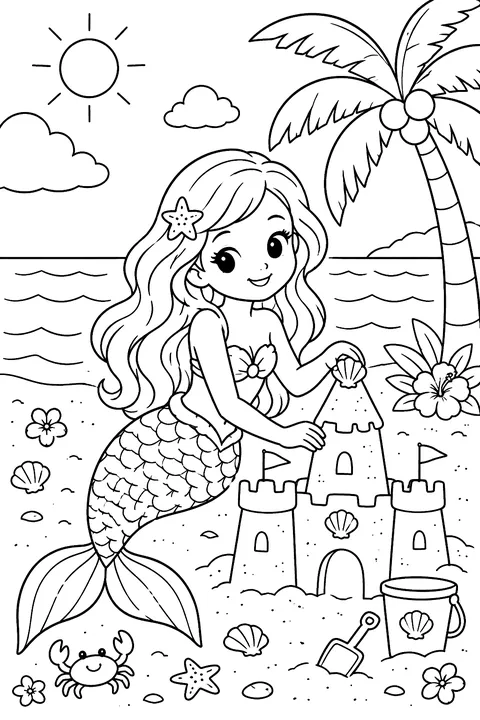 Mermaid at the beach with a sandcastle and palm tree coloring page