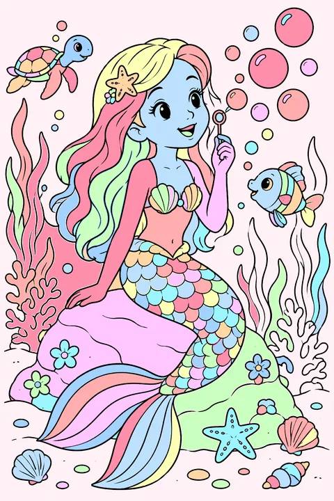 Mermaid blowing bubbles with a happy face coloring page