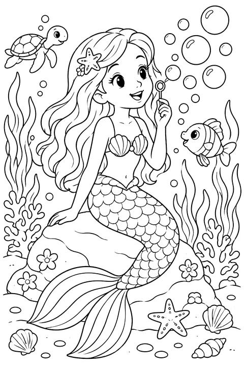 Mermaid blowing bubbles with a happy face coloring page