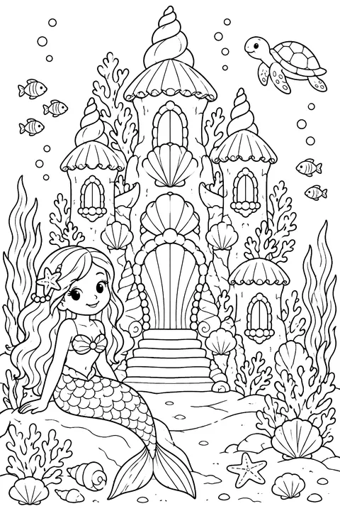 Mermaid castle made of coral and shells coloring page