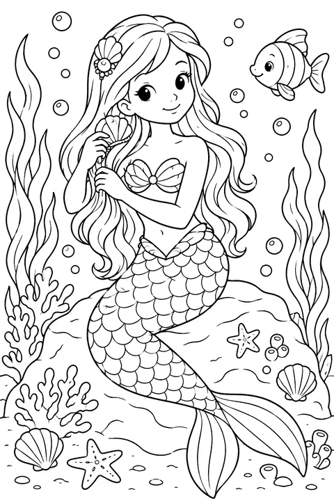 Mermaid combing her hair with a shell comb under the sea coloring page