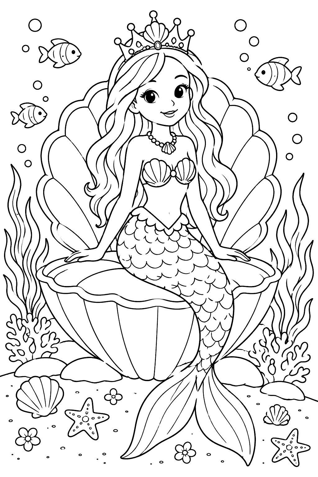 Mermaid with a crown sitting on a shell throne coloring page