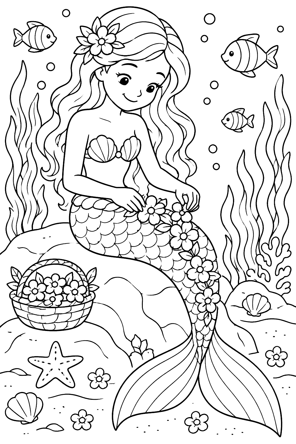 Mermaid decorating her tail with flowers coloring page