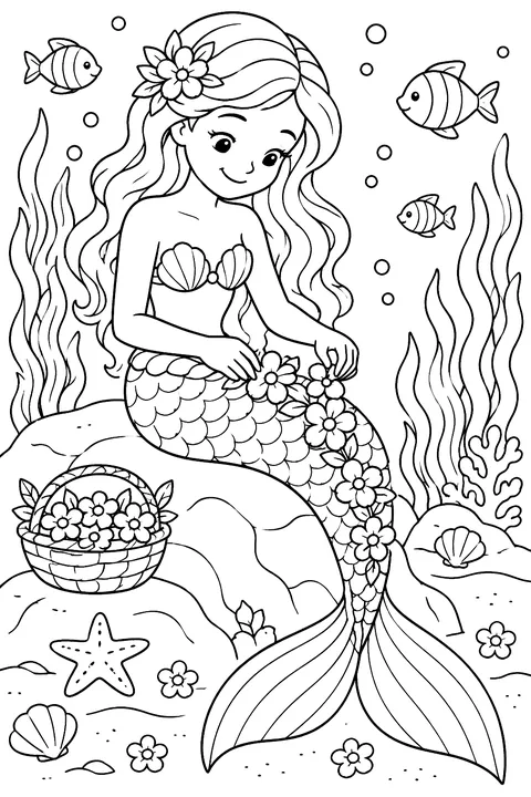 Mermaid decorating her tail with flowers coloring page