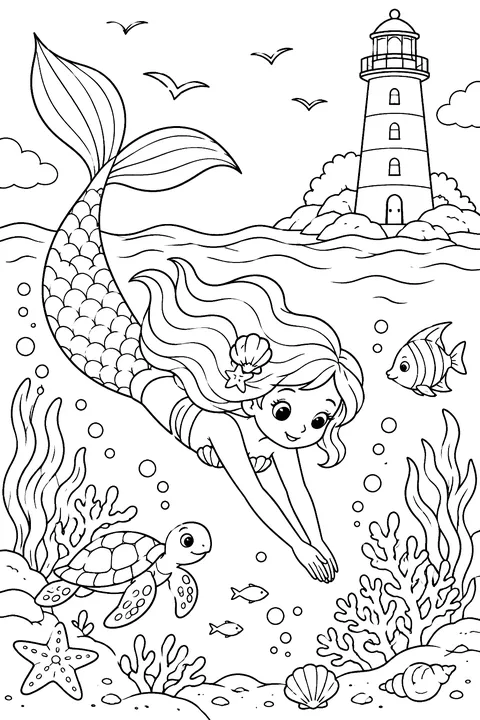 Mermaid diving near a lighthouse coloring page