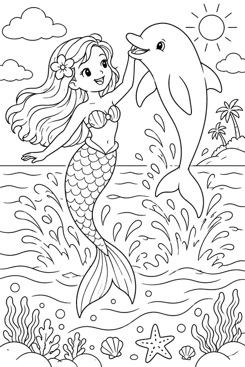Mermaid and a dolphin jumping out of the water coloring page