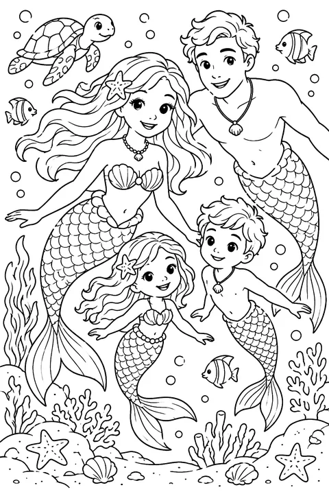 Mermaid family swimming together coloring page
