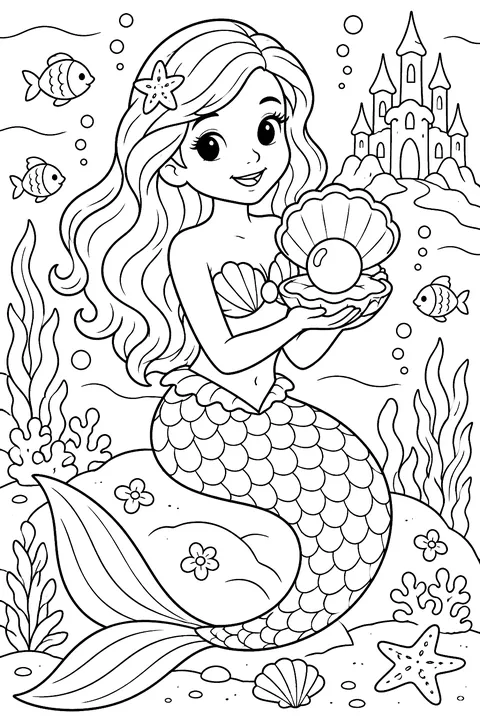 Mermaid holding a big pearl in an open clam coloring page
