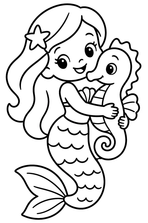 Mermaid hugging a seahorse coloring page