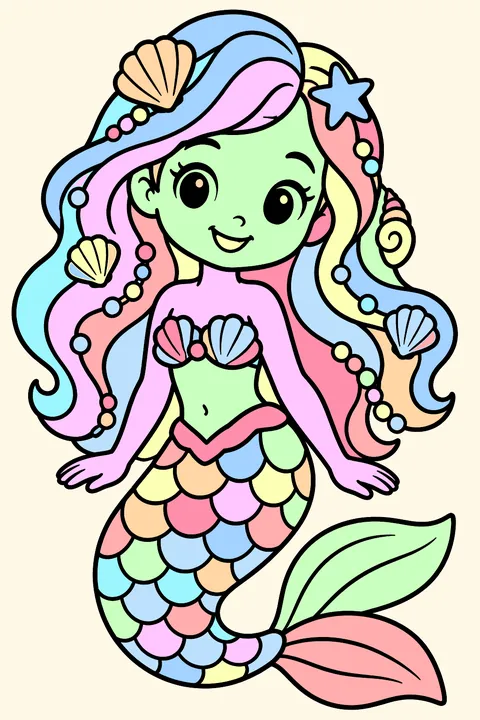 Mermaid with long flowing hair full of shells and pearls, detailed coloring page