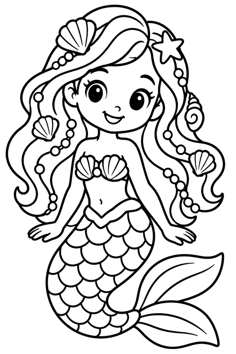 Mermaid with long flowing hair full of shells and pearls, detailed coloring page
