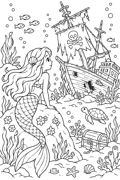 Mermaid looking at a sunken pirate ship coloring page