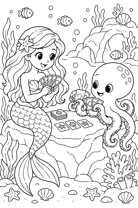 Mermaid and an octopus playing cards coloring page