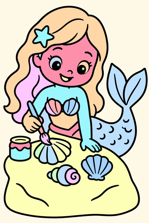 Mermaid painting shells on a rock coloring page