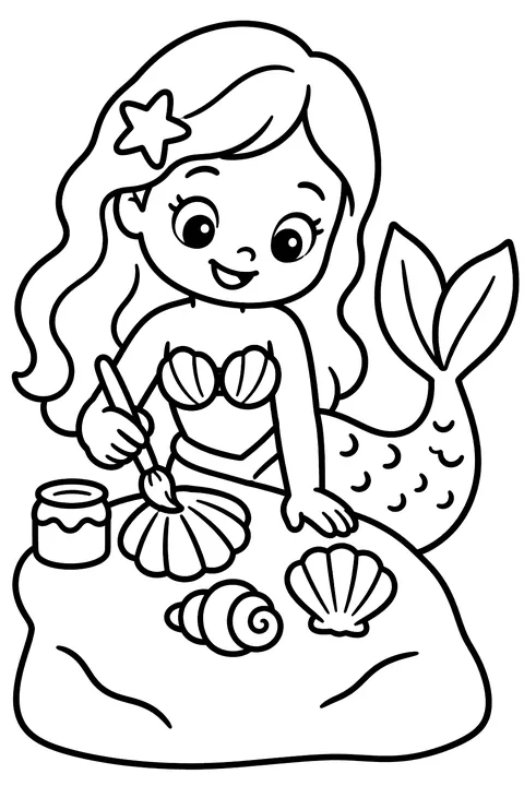 Mermaid painting shells on a rock coloring page