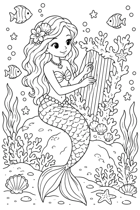 Mermaid playing a harp made of coral coloring page