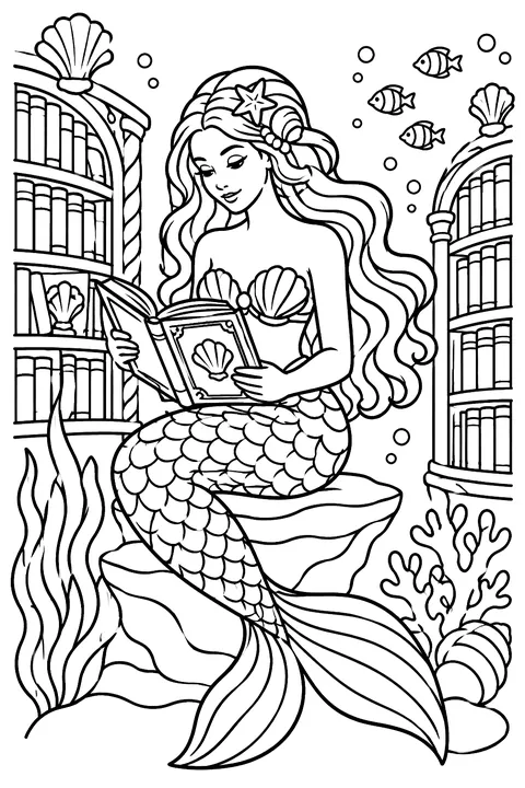 Mermaid reading a book in an underwater library coloring page