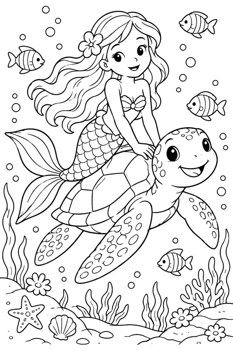 Mermaid riding a friendly sea turtle coloring page