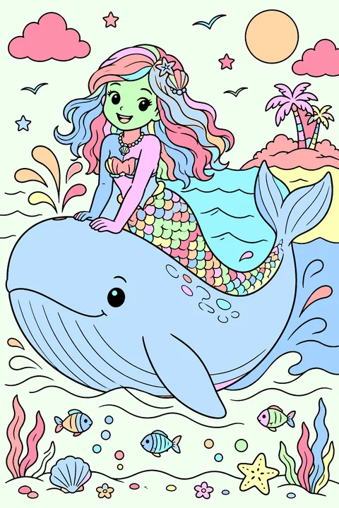 Mermaid riding a whale coloring page