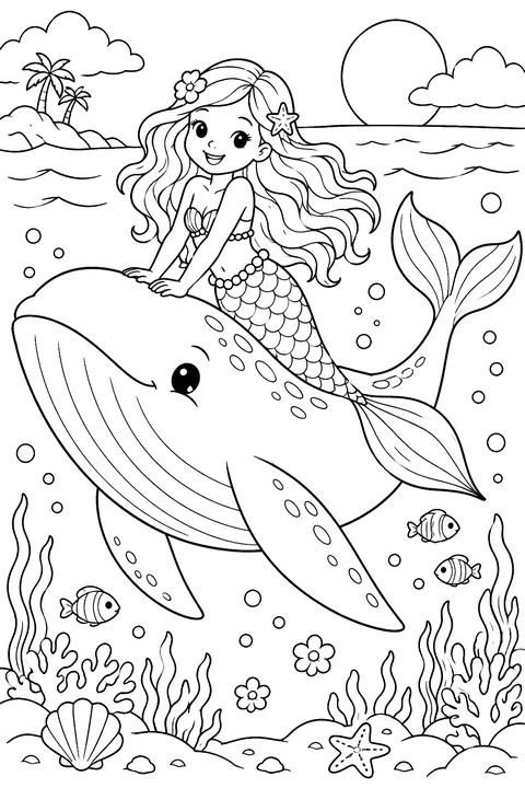 Mermaid riding a whale coloring page