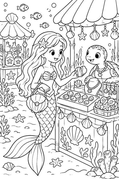 Mermaid with a seashell purse shopping in an undersea market coloring page