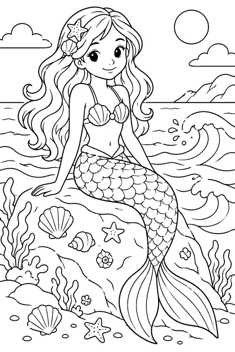 Mermaid sitting on a rock with seashells and waves coloring page