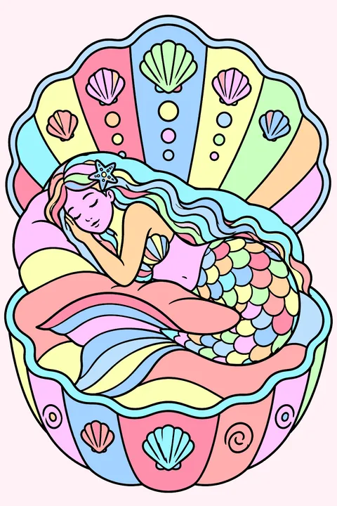 Mermaid sleeping in a giant clamshell bed coloring page