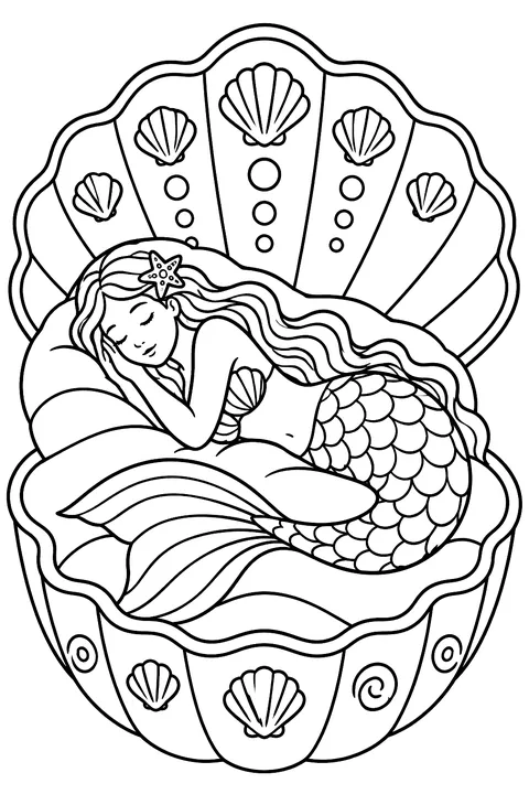 Mermaid sleeping in a giant clamshell bed coloring page